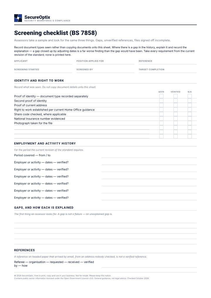 First page of the Screening checklist (BS 7858) PDF