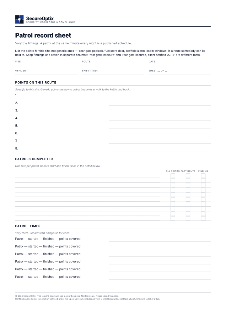 First page of the Patrol record sheet PDF