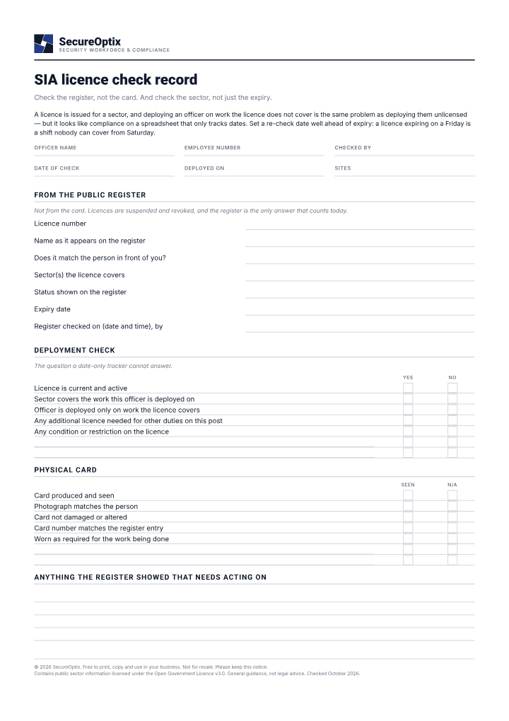 First page of the SIA licence check record PDF