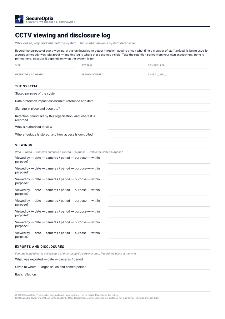 First page of the CCTV viewing and disclosure log PDF