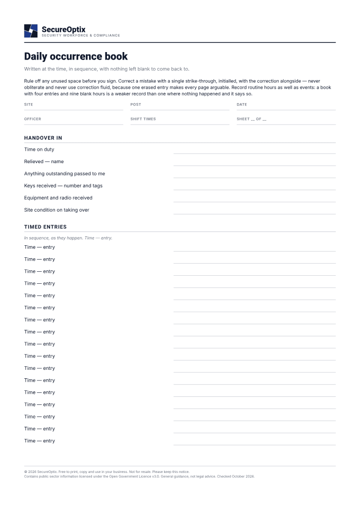 First page of the Daily occurrence book PDF