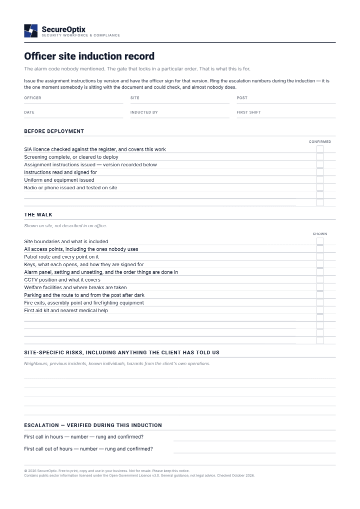 First page of the Officer site induction record PDF