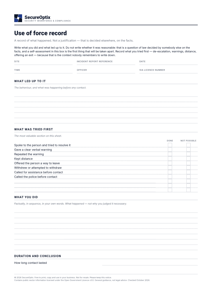 First page of the Use of force record PDF